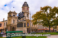 Ballarat Town Hall, with Boer War Memorial in the forground. This historic building is a monumental structure standing proud in the Town Centre. Ballarat, Victoria, Australia.