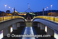 Parliament House at pre dawn, viewed from Commonwealth Ave Bridge, Canberra. Parliament House is the meeting facility of the Parliament of Australia, situated in the Australian Capital Territory, Australia.