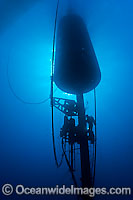 A Diver (MR) works on a massive wave energy buoy off Kaneoho Bay, Oahu. The 40-kW experimental buoy, employs the bobbing motion of the buoy to drive an electrical generator, that then sends power to the island via underwater cable, Hawaii.