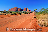 Desert road leading to Kata Tjuta (Olgas) at dawn. Uluru - Kata Tjuta World Heritage National Park, Central Australia.